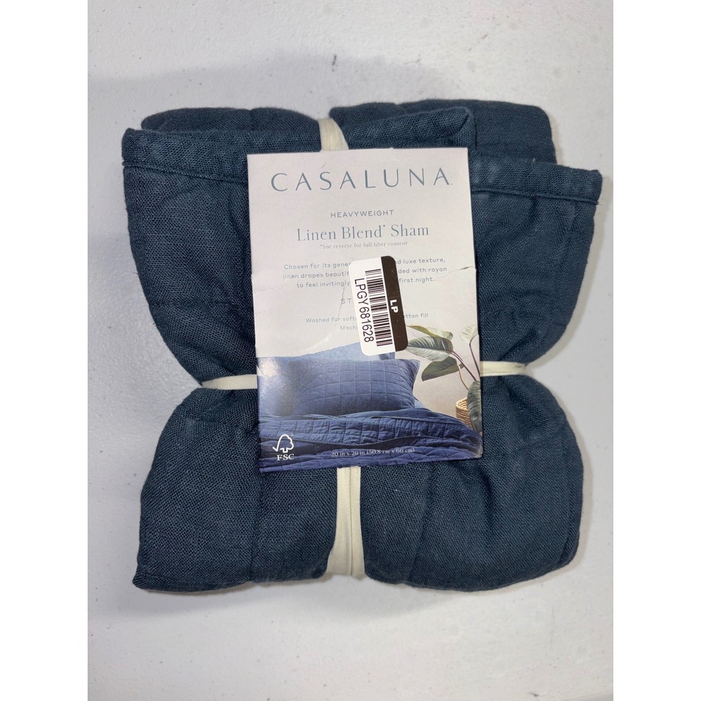 Casaluna Heavyweight Linen Blend Sham Standard Blue Zipper Closure New